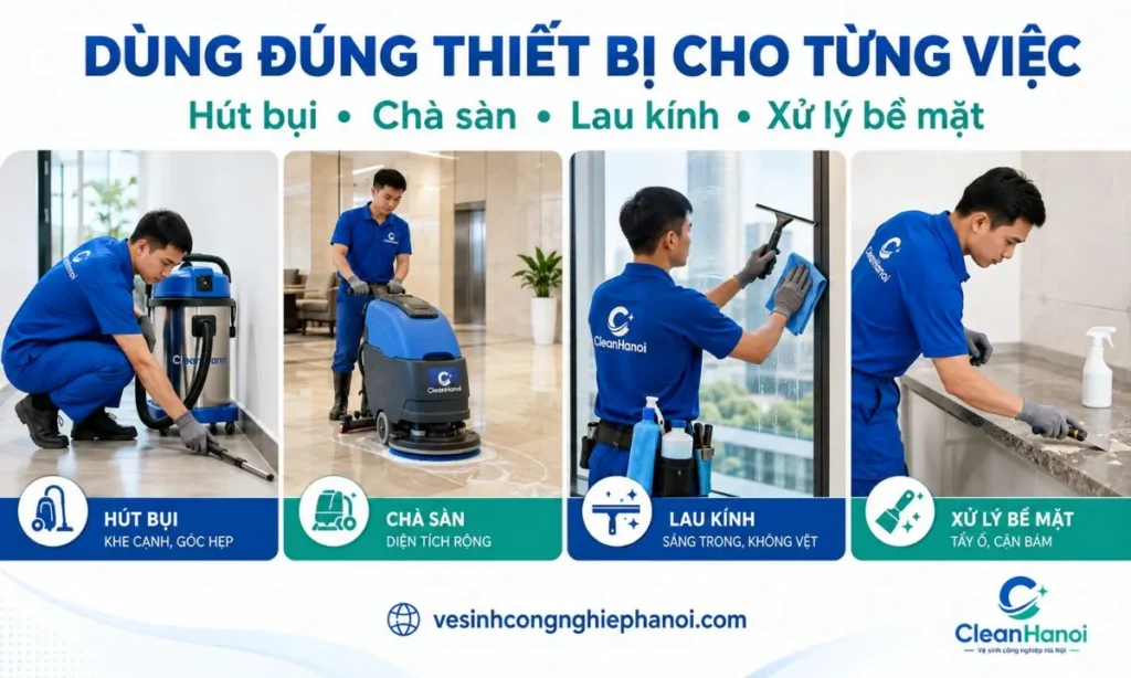 Máy hút bụi máy chà sàn và dụng cụ lau kính dùng trong vệ sinh công nghiệp