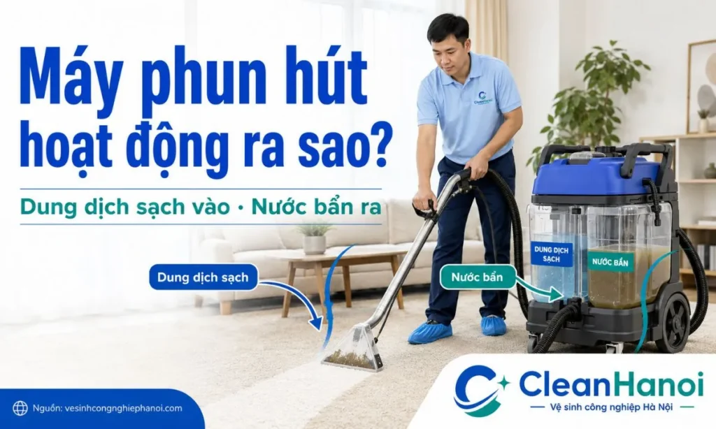 Hình ảnh minh họa cấu tạo và nguyên lý hoạt động của máy phun hút giặt thảm gồm bình dung dịch sạch, đầu phun, lực hút và bình chứa nước bẩn.