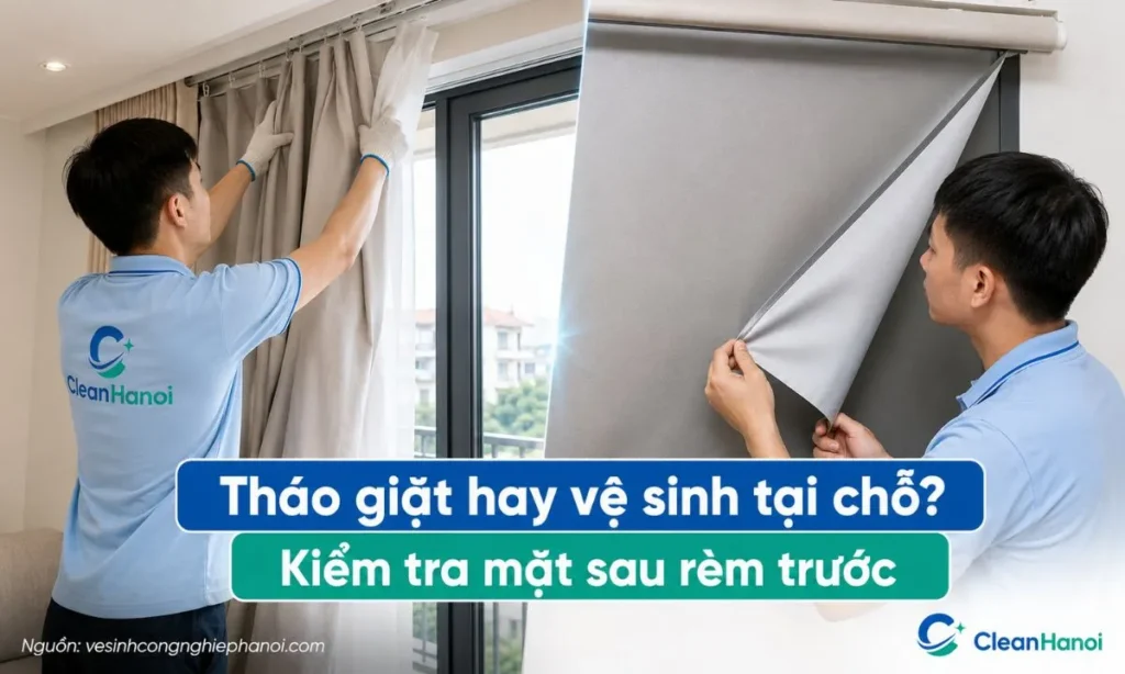 CleanHanoi tư vấn nên tháo rèm để giặt hoặc vệ sinh rèm tại chỗ tùy chất liệu, phụ kiện, lớp phủ mặt sau, chiều cao lắp đặt và tình trạng bẩn.