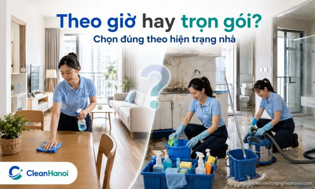 So sánh dọn nhà theo giờ và vệ sinh nhà cửa trọn gói để chọn đúng dịch vụ theo hiện trạng nhà, khối lượng công việc, mức độ bẩn và nhu cầu làm sạch sâu.