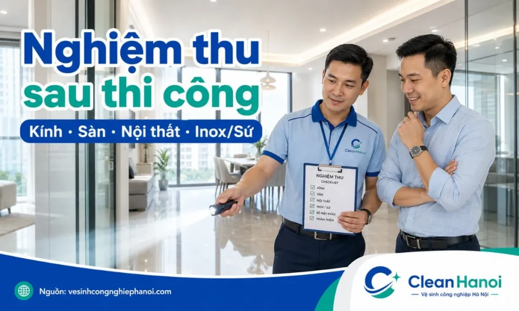 Hình ảnh minh họa bước nghiệm thu chất lượng vệ sinh công nghiệp sau thi công, kiểm tra kính, gương, nội thất đồ gỗ, bề mặt sàn, thiết bị inox, sứ và các tiêu chuẩn bàn giao.