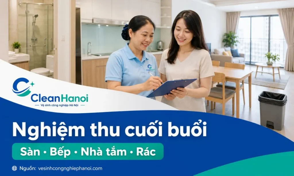 Chủ nhà kiểm tra sàn, bếp, nhà tắm, rác và đồ đạc sau buổi giúp việc theo giờ