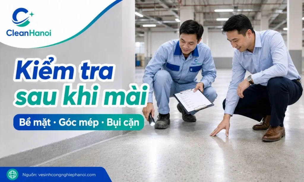 Hình ảnh minh họa bước kiểm tra nghiệm thu sau khi mài nền bê tông, đánh giá độ đều bề mặt, góc cột, mép tường, bụi còn sót, nước bẩn và kết quả so với mục tiêu ban đầu.