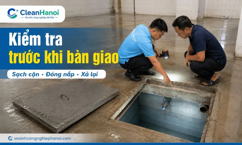 Sau khi thau rửa bể nước ngầm, cần kiểm tra cặn đáy, thành bể, góc bể, ống cấp xả, nắp bể đã đóng kín và xả nước lại trước khi sử dụng ổn định.