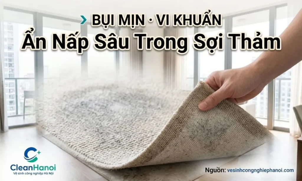 Cận cảnh sợi thảm bẩn tích tụ nhiều bụi mịn, lông thú cưng và vi khuẩn gây dị ứng