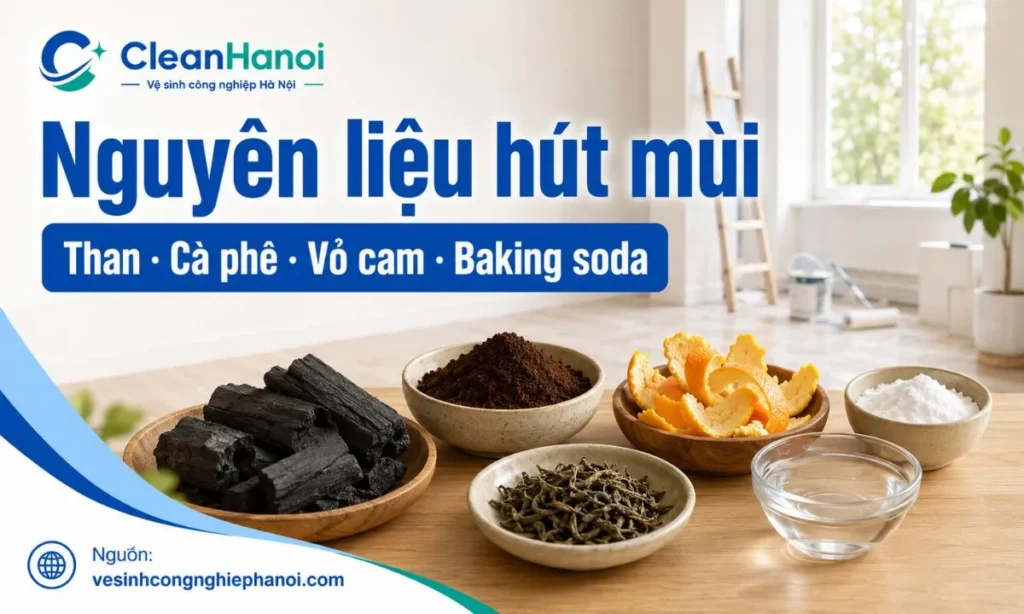 Hình ảnh minh họa các nguyên liệu dễ tìm hỗ trợ khử mùi sơn nhà mới như than hoạt tính, muối trắng, bã cà phê, trà khô, vỏ cam quýt, giấm ăn và baking soda.