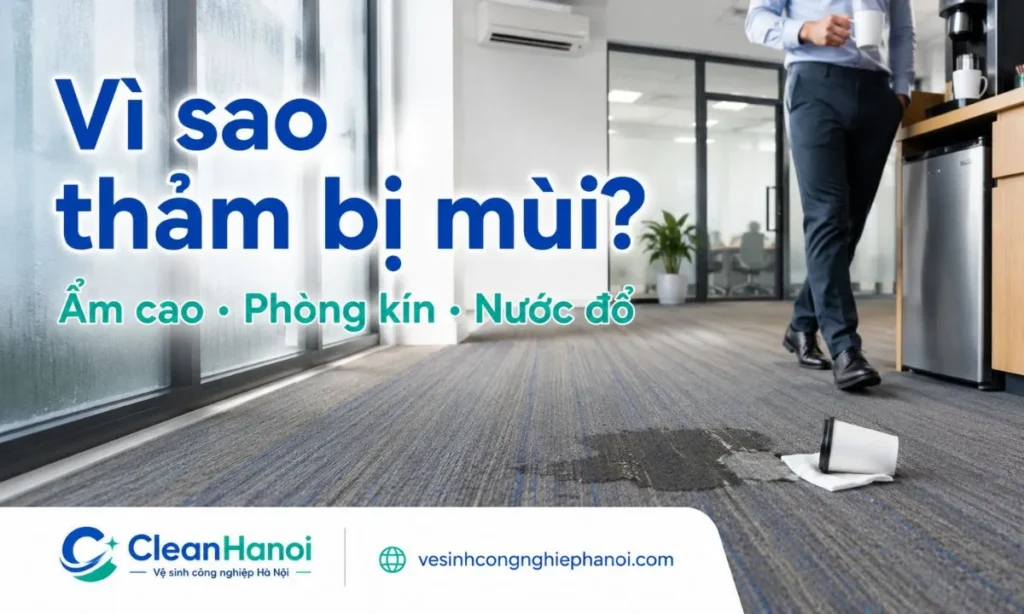 Độ ẩm cao, phòng kín, thảm lâu chưa giặt sâu, nước uống đổ ra thảm, mùi giày dép, khu pantry và khu vực nhiều người qua lại là các nguyên nhân khiến thảm văn phòng có mùi ẩm mốc.