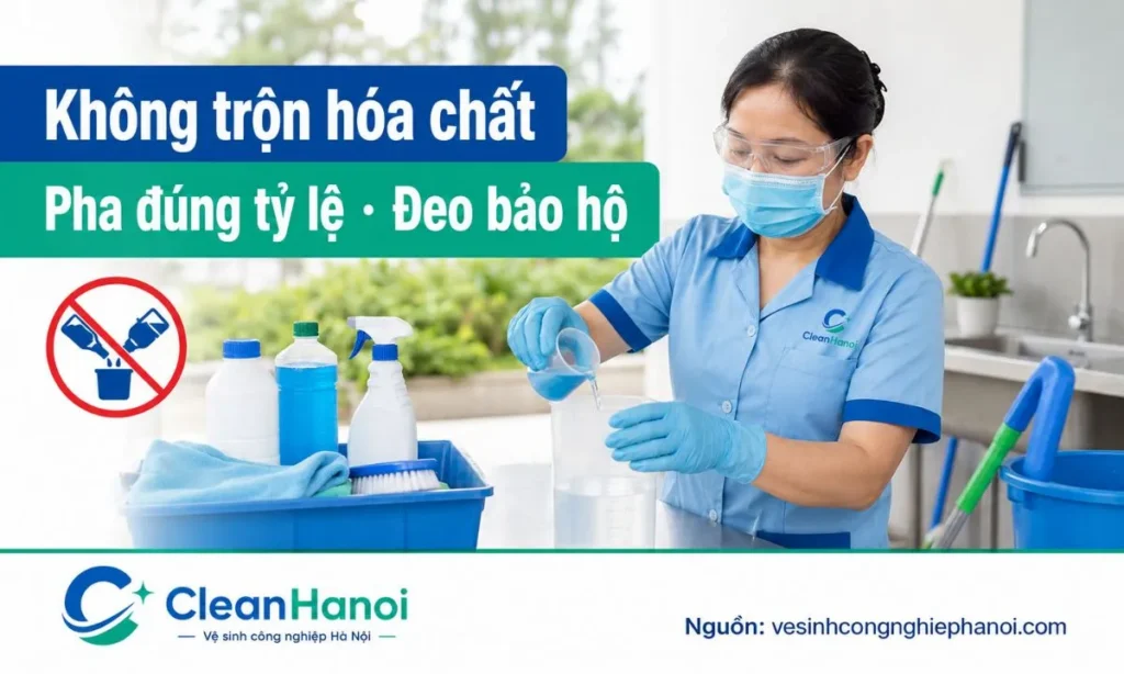 Nguyên tắc an toàn khi dùng hóa chất vệ sinh công nghiệp: không trộn, pha đúng tỷ lệ, đeo bảo hộ và thử góc khuất