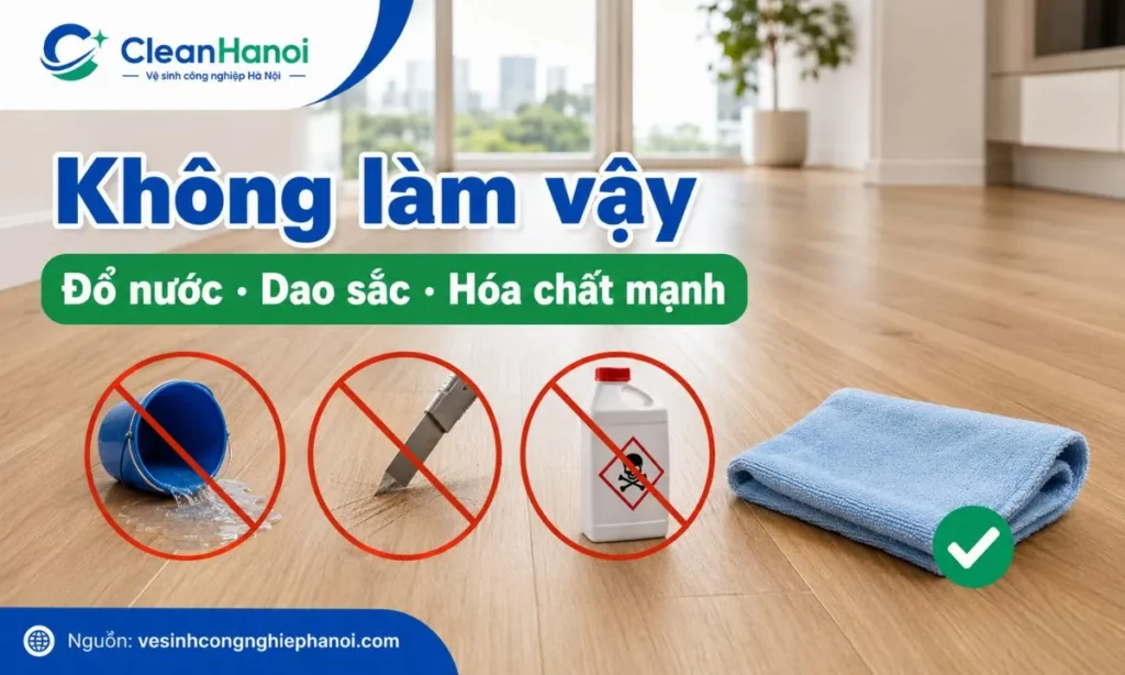 Hình ảnh cảnh báo các nguyên tắc khi vệ sinh sàn gỗ công nghiệp sau xây dựng: không đổ nước trực tiếp, không dùng hóa chất axit mạnh, không cạo bằng vật sắc và không để nước đọng ở khe sàn.