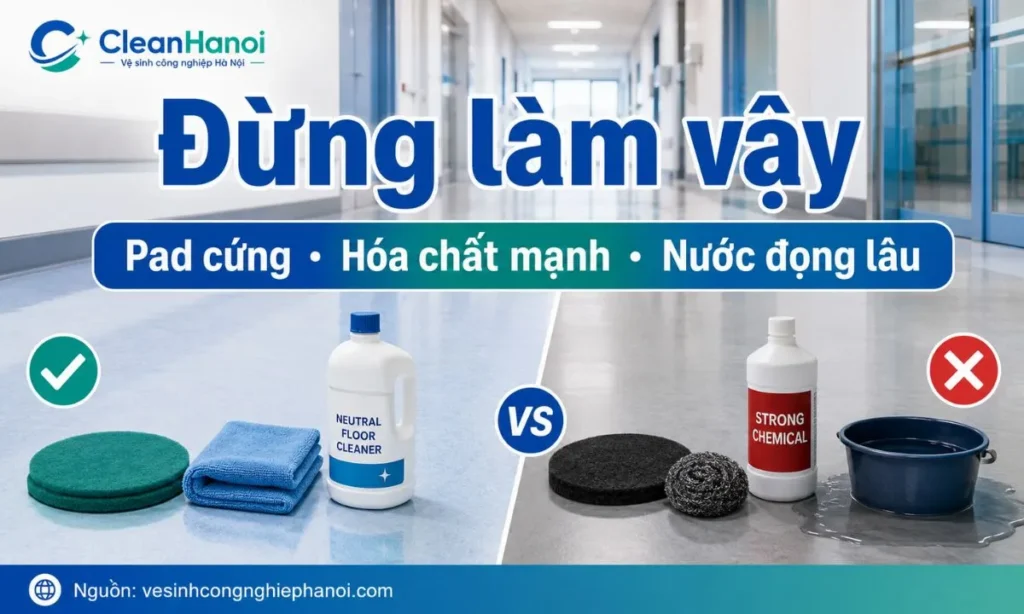 Hình ảnh cảnh báo các lỗi cần tránh khi vệ sinh sàn vinyl như dùng pad đen, bàn chải cứng, hóa chất mạnh, nước đọng lâu ở mép sàn và phủ bóng sai loại.