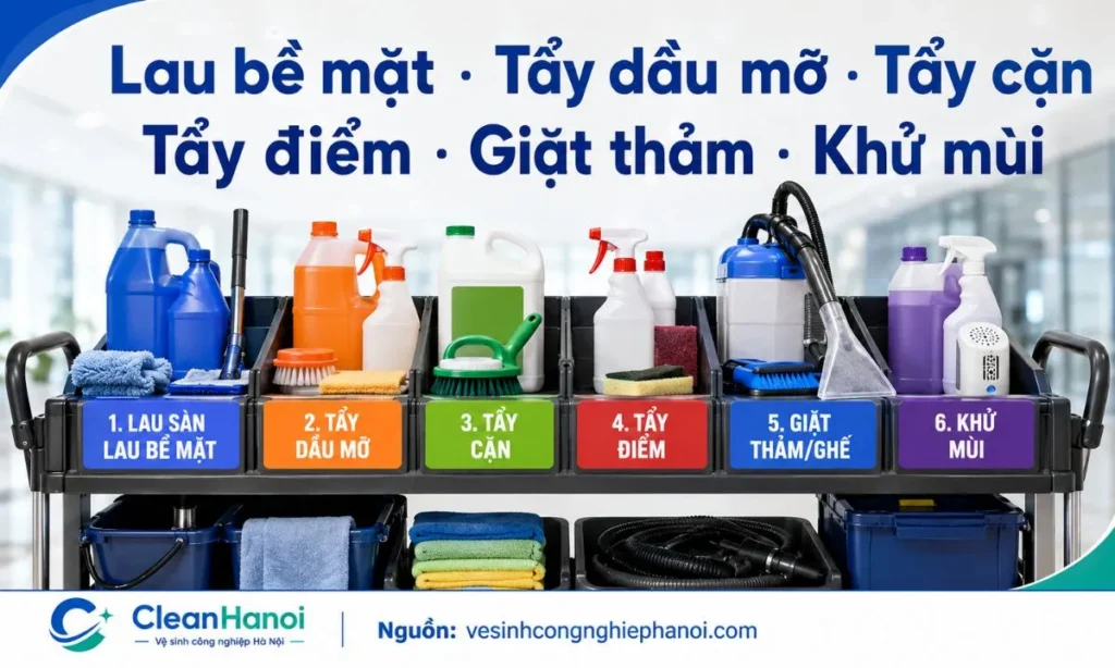 Hóa chất vệ sinh công nghiệp theo công dụng: lau bề mặt, tẩy dầu mỡ, tẩy cặn, tẩy điểm, giặt thảm ghế, phủ bóng và khử mùi