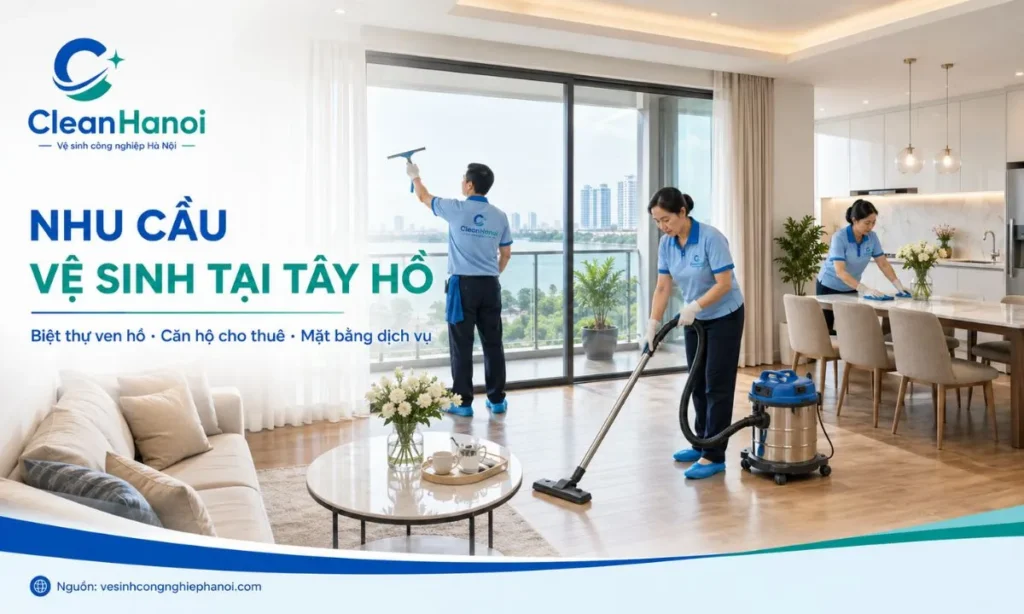 Hình ảnh nhân viên CleanHanoi vệ sinh biệt thự, villa, căn hộ dịch vụ, căn hộ cho thuê và nhà phố tại Tây Hồ theo nhu cầu bàn giao, vào ở hoặc sau khách thuê trả lại.