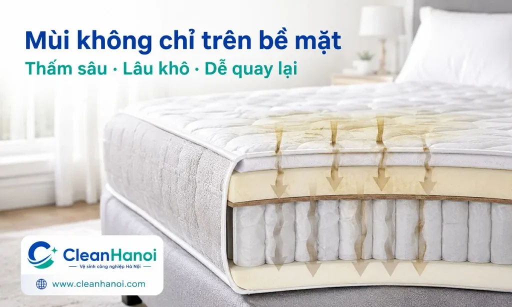 Nước tiểu có thể thấm qua lớp vải bọc xuống bông, mút hoặc lõi đệm, khiến mùi khai giữ lâu và dễ quay lại nếu chỉ lau bề mặt.