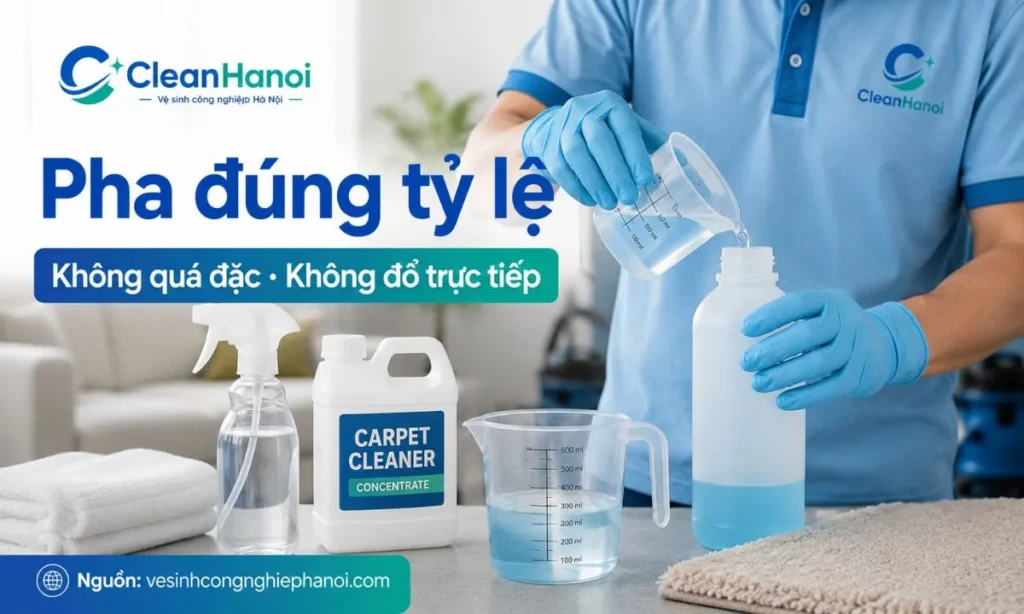 Hình ảnh pha hóa chất giặt thảm đúng tỷ lệ bằng ca đong và bình pha, giúp hạn chế cặn hóa chất, mùi ẩm và hiện tượng thảm nhanh bẩn lại.