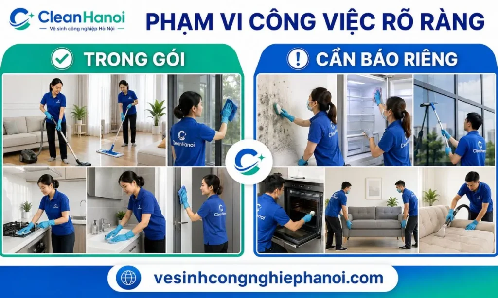 Phạm vi vệ sinh nhà cửa gồm hạng mục trong gói và các công việc cần báo giá riêng