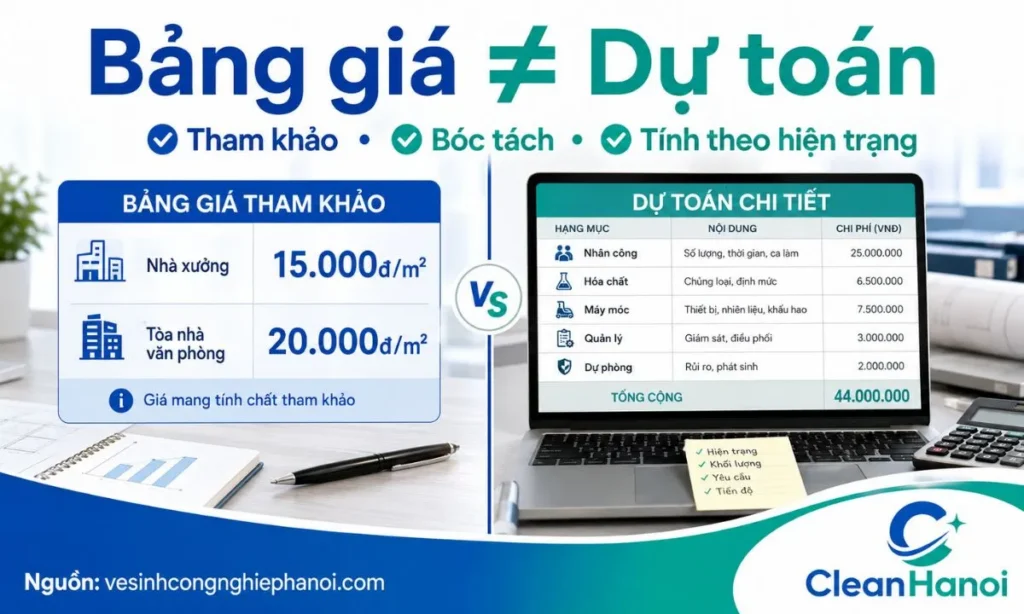 Hình ảnh minh họa sự khác nhau giữa bảng giá vệ sinh công nghiệp tham khảo và bảng dự toán kỹ thuật được lập theo khối lượng, định mức nhân công, hóa chất, máy móc và điều kiện công trình.