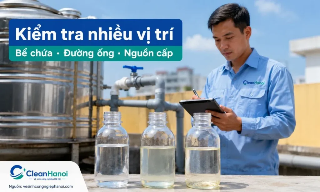 Có thể lấy nước ở nhiều vị trí như vòi sinh hoạt, nguồn cấp, bể chứa hoặc bồn phụ để so sánh màu, cặn lắng và mùi nhằm xác định nguyên nhân do bể nước, đường ống hay nguồn cấp.