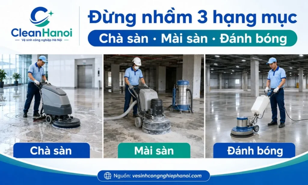 Hình ảnh minh họa sự khác nhau giữa chà sàn, mài sàn bê tông và đánh bóng sàn bê tông theo mục tiêu xử lý: làm sạch bề mặt, xử lý nền và hoàn thiện độ sáng mịn.