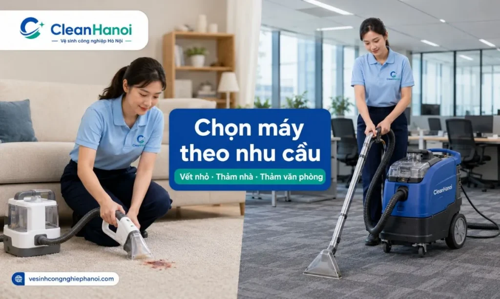 Phân biệt máy giặt thảm mini, máy cầm tay, máy gia đình và máy giặt thảm công nghiệp theo phạm vi sử dụng: vết bẩn nhỏ, thảm phòng khách, sofa, nệm, thảm văn phòng và thảm diện tích lớn.