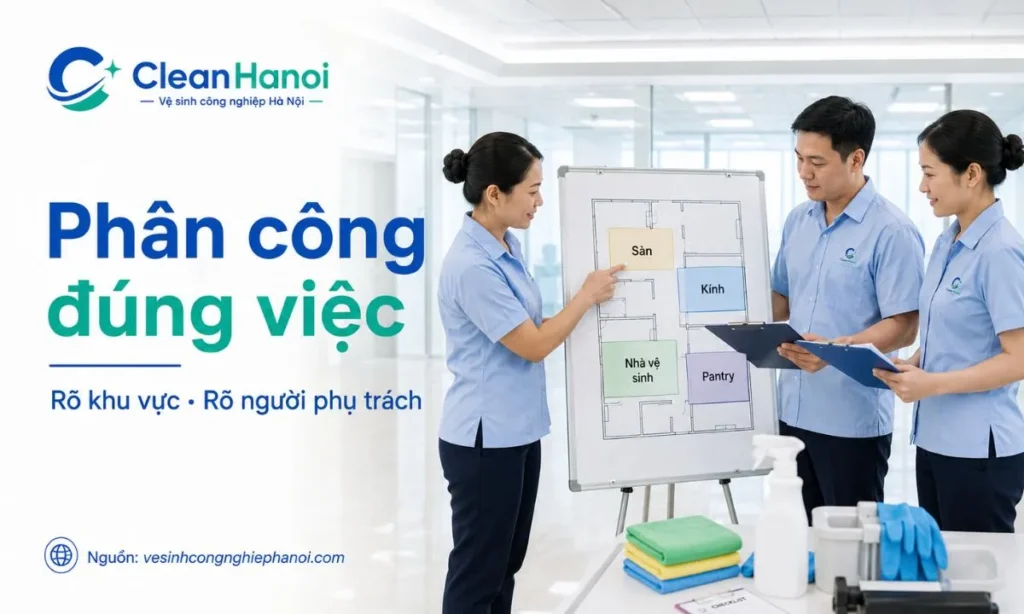 Đội vệ sinh công nghiệp phân công nhân sự theo khu vực và hạng mục thi công