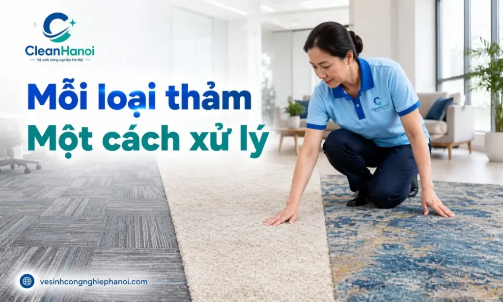 Nhân viên CleanHanoi đang kiểm tra phân loại các chất liệu thảm văn phòng và thảm gia đình