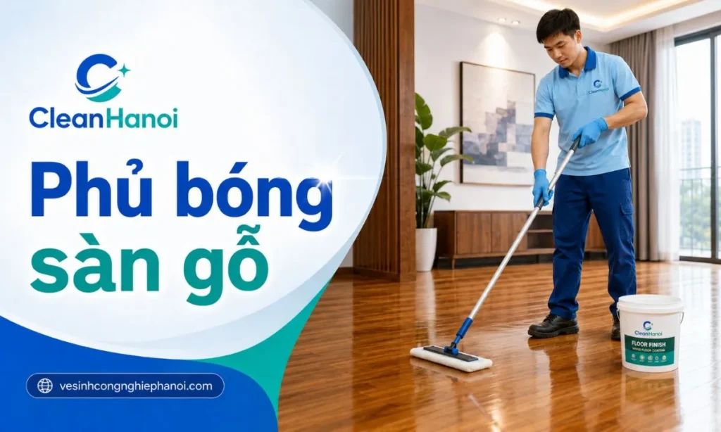 Ảnh minh họa bước phủ bóng hoặc bảo dưỡng sàn gỗ, dùng vật tư phù hợp để hỗ trợ cải thiện độ bóng và hạn chế xử lý sai bề mặt.