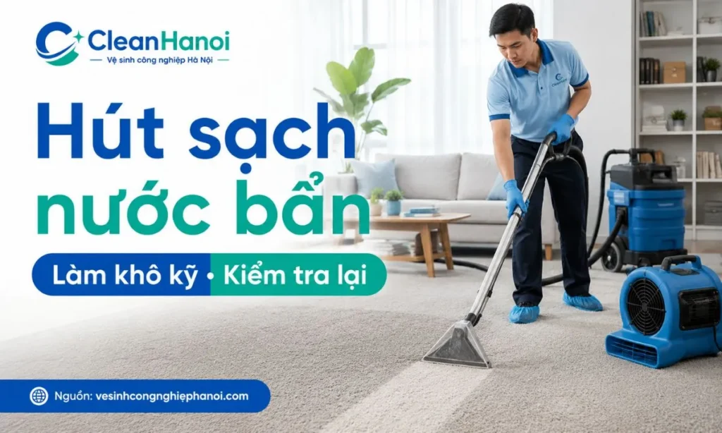 Hình ảnh minh họa bước phun dung dịch, hút nước bẩn bằng máy phun hút và hỗ trợ làm khô thảm bằng quạt, thông gió hoặc thiết bị phù hợp sau khi vệ sinh.