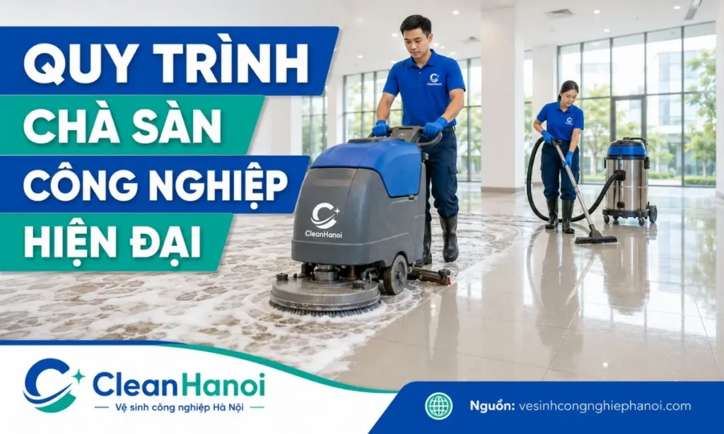 Nhân viên CleanHanoi đang sử dụng máy chà sàn và máy hút nước công nghiệp để làm sạch vết sơn xi măng