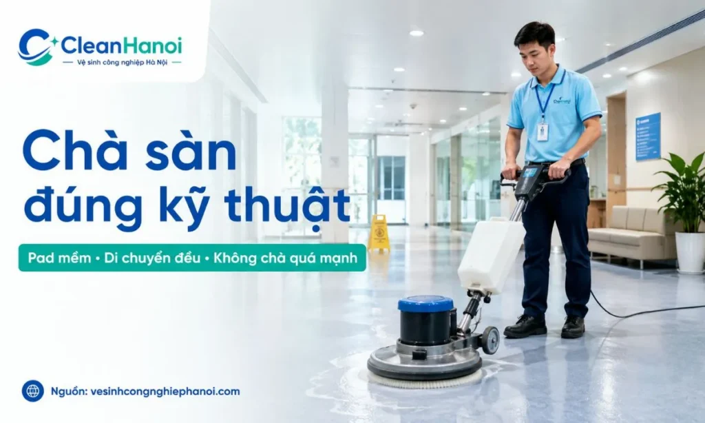 Chà sàn vinyl bằng máy chà sàn và pad mềm theo từng khu vực
