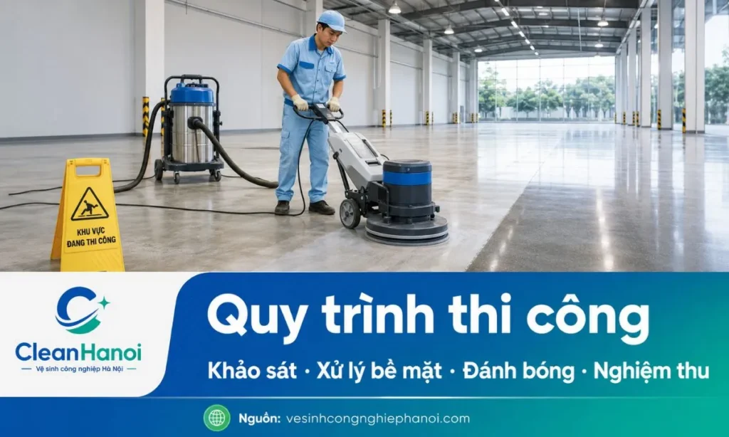 Hình ảnh minh họa quy trình đánh bóng sàn bê tông của CleanHanoi từ khảo sát hiện trạng, chuẩn bị mặt bằng, xử lý bề mặt, đánh bóng theo cấp độ đến vệ sinh và nghiệm thu bàn giao.