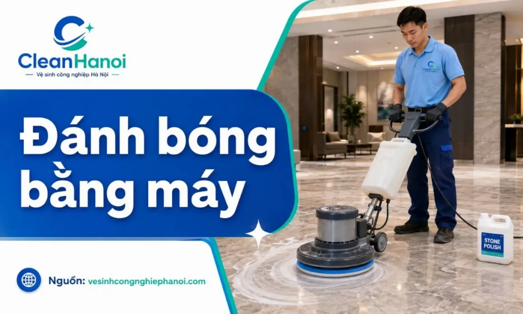 Ảnh thể hiện quy trình đánh bóng sàn đá bằng máy chuyên dụng, pad đánh bóng và hóa chất phù hợp cho từng loại đá.