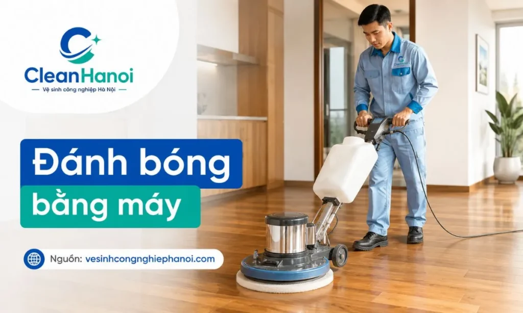 Ảnh thể hiện quy trình đánh bóng sàn gỗ bằng máy và pad mềm, phù hợp với bề mặt sàn gỗ cần làm bóng, bảo dưỡng hoặc xử lý xước nhẹ.