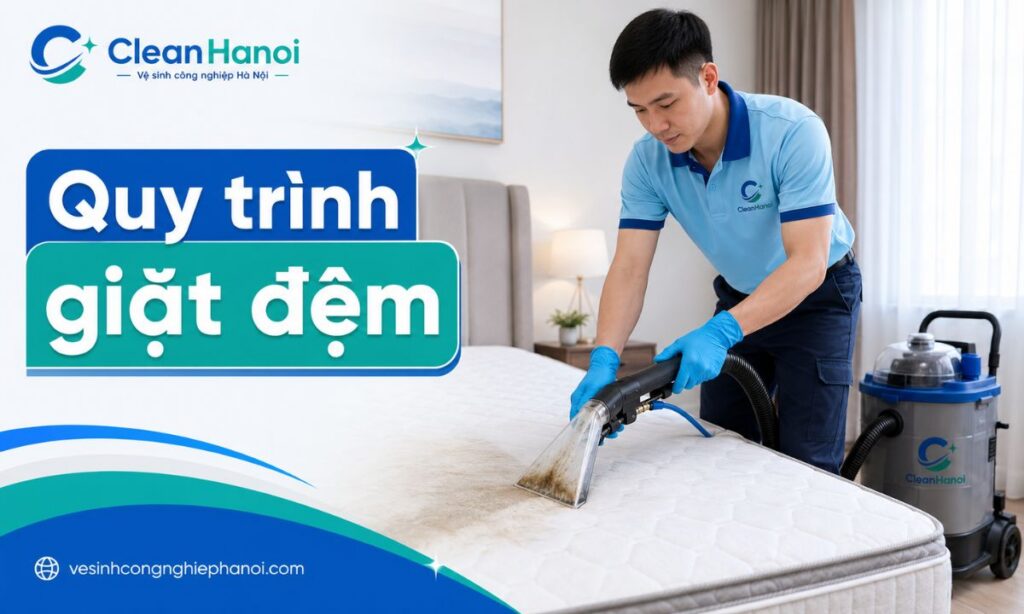 Ảnh thể hiện quy trình giặt đệm tại nhà bằng máy phun hút, dung dịch và dụng cụ phù hợp với từng chất liệu đệm.