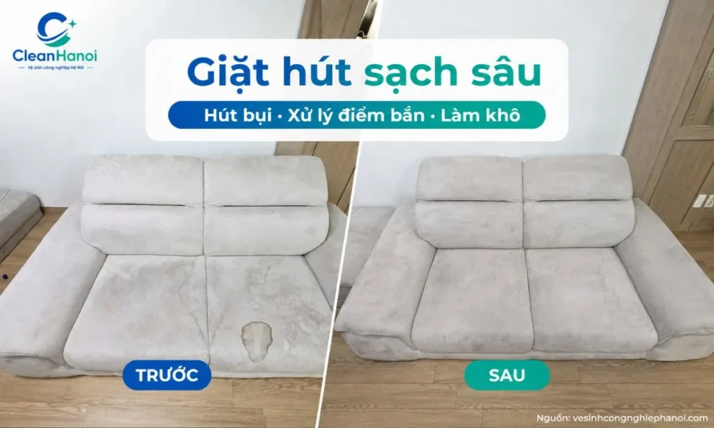 Nhân viên CleanHanoi hút bụi, xử lý điểm bẩn, giặt hút sofa vải nỉ và hỗ trợ làm khô nhanh để hạn chế mùi ẩm sau vệ sinh.