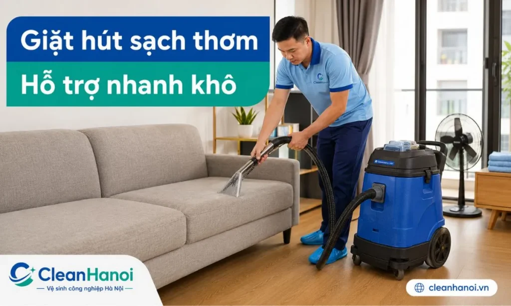 Nhân viên CleanHanoi hút bụi, xử lý điểm bẩn, giặt hút sofa vải nỉ và hỗ trợ làm khô bằng quạt hoặc điều hòa để hạn chế mùi ẩm sau vệ sinh.