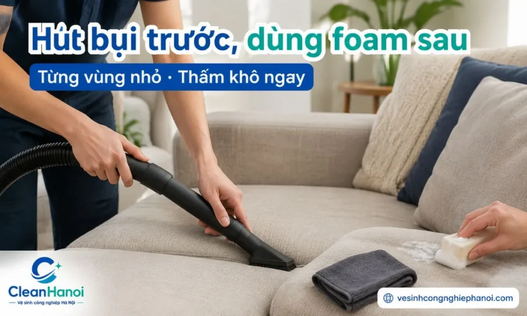 Quy trình giặt khô sofa tại nhà gồm hút bụi kỹ, thử dung dịch ở vị trí khuất, dùng foam hoặc dung dịch ít nước theo từng vùng nhỏ, lau sạch cặn, thấm khô và làm khô bằng quạt.
