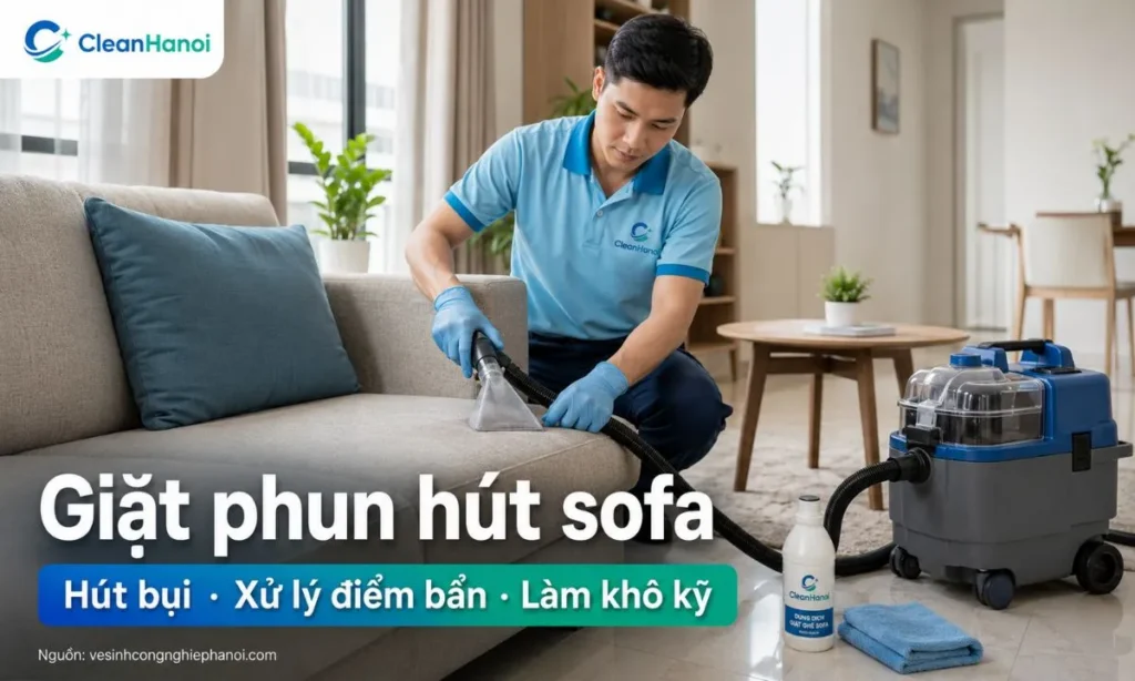 Nhân viên CleanHanoi hút bụi khe ghế, xử lý điểm bẩn và giặt phun hút sofa vải nỉ tại nhà ở Tây Hồ.