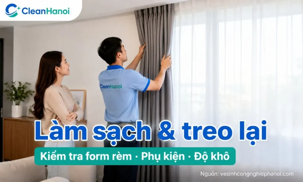 Quy trình giặt rèm của CleanHanoi gồm kiểm tra chất liệu, tháo rèm, làm sạch phù hợp, làm khô, kiểm tra phụ kiện và treo lại đúng vị trí.