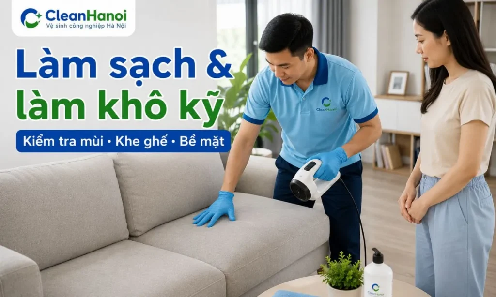 Quy trình giặt sofa của CleanHanoi gồm tiếp nhận ảnh, kiểm tra chất liệu, hút bụi, xử lý điểm bẩn, phun hút hoặc vệ sinh bề mặt, làm khô và bàn giao.