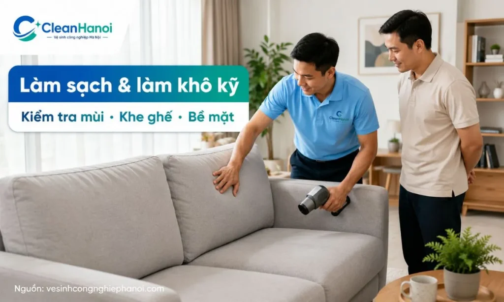 Hình ảnh minh họa quy trình giặt ghế sofa tại Long Biên gồm hút bụi, xử lý điểm bẩn, giặt phun hút, làm khô và kiểm tra bàn giao.