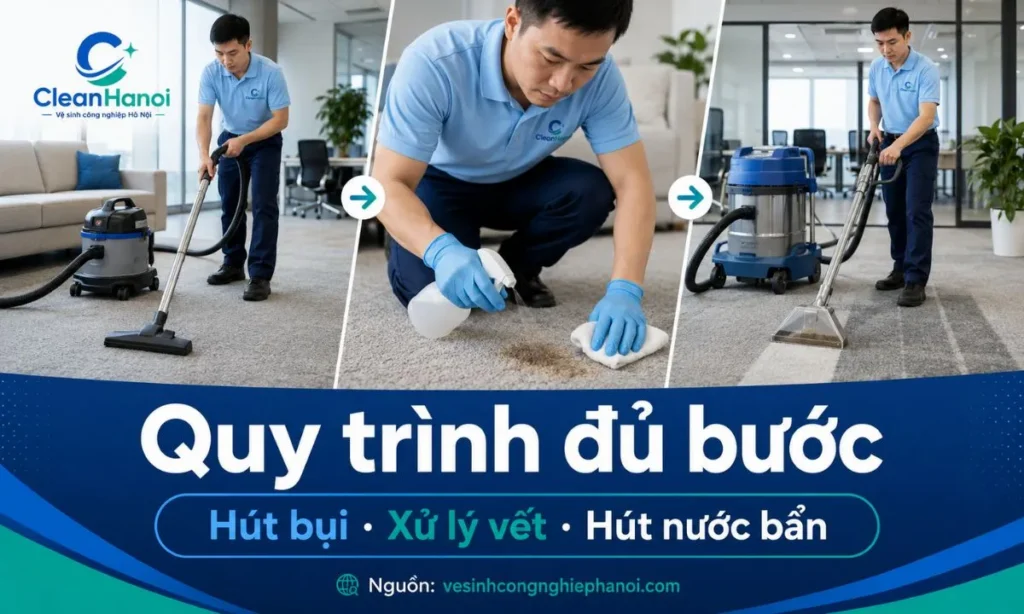 Quy trình giặt thảm gồm hút bụi, xử lý vết bẩn, phun dung dịch, chà thảm, hút nước bẩn và nghiệm thu
