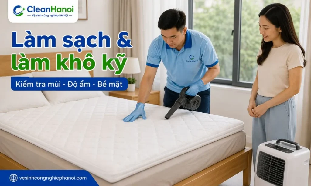 Quy trình giặt topper của CleanHanoi gồm tiếp nhận ảnh, kiểm tra chất liệu, hút bụi, xử lý điểm bẩn, vệ sinh phù hợp, làm khô và bàn giao.