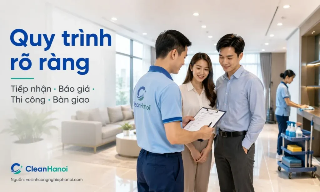 Quy trình làm việc của CleanHanoi gồm tiếp nhận thông tin, tư vấn hạng mục, báo giá trước, chuẩn bị nhân sự máy móc và kiểm tra bàn giao sau thi công.