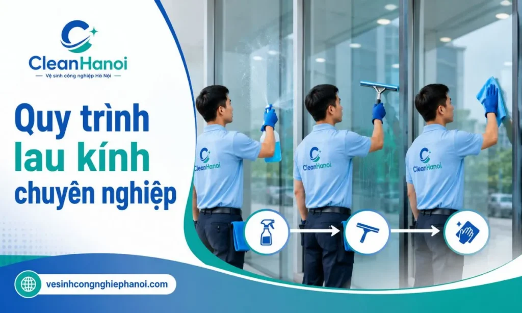 Hình ảnh thể hiện quá trình lau kính theo từng bước: khảo sát, làm sạch, gạt kính và kiểm tra hoàn thiện