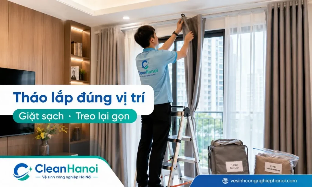 Nhân viên CleanHanoi tháo rèm, đánh dấu vị trí, vệ sinh theo chất liệu và treo lại đúng nếp cho chung cư, nhà ở, văn phòng tại Bắc Từ Liêm.