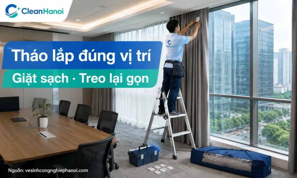 Nhân viên CleanHanoi tháo rèm, đánh dấu vị trí, vệ sinh theo chất liệu và treo lại đúng nếp cho văn phòng, chung cư, showroom tại Cầu Giấy.