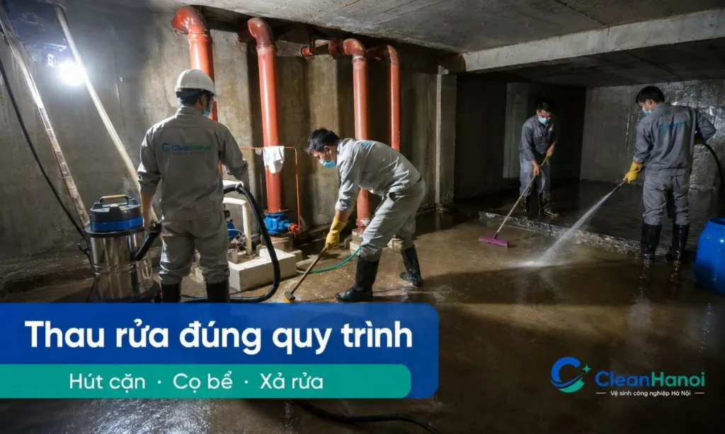 CleanHanoi kiểm tra lối vào bể, hút nước còn lại, nạo vét bùn cặn dưới đáy, cọ rửa thành bể, góc bể và xả rửa lại trước khi bàn giao.