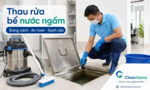 Quy trình thau rửa bể nước ngầm đúng cách gồm kiểm tra vị trí bể, hút nước, nạo vét bùn cặn, cọ rửa thành bể, đáy bể, góc bể, xả rửa lại và bàn giao an toàn.