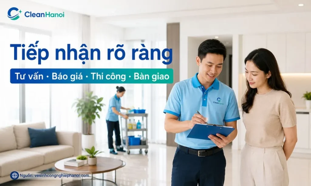 CleanHanoi tiếp nhận yêu cầu vệ sinh qua ảnh/video, tư vấn hạng mục phù hợp, báo giá trước và kiểm tra bàn giao trong phạm vi công việc đã thống nhất.