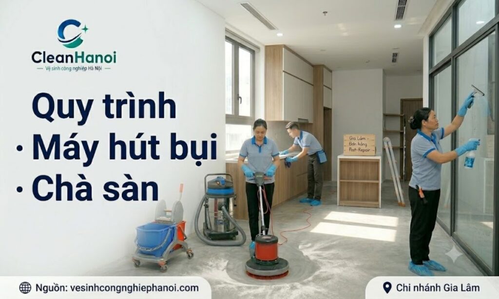 Quy trình vệ sinh công nghiệp Gia Lâm với máy hút bụi và chà sàn